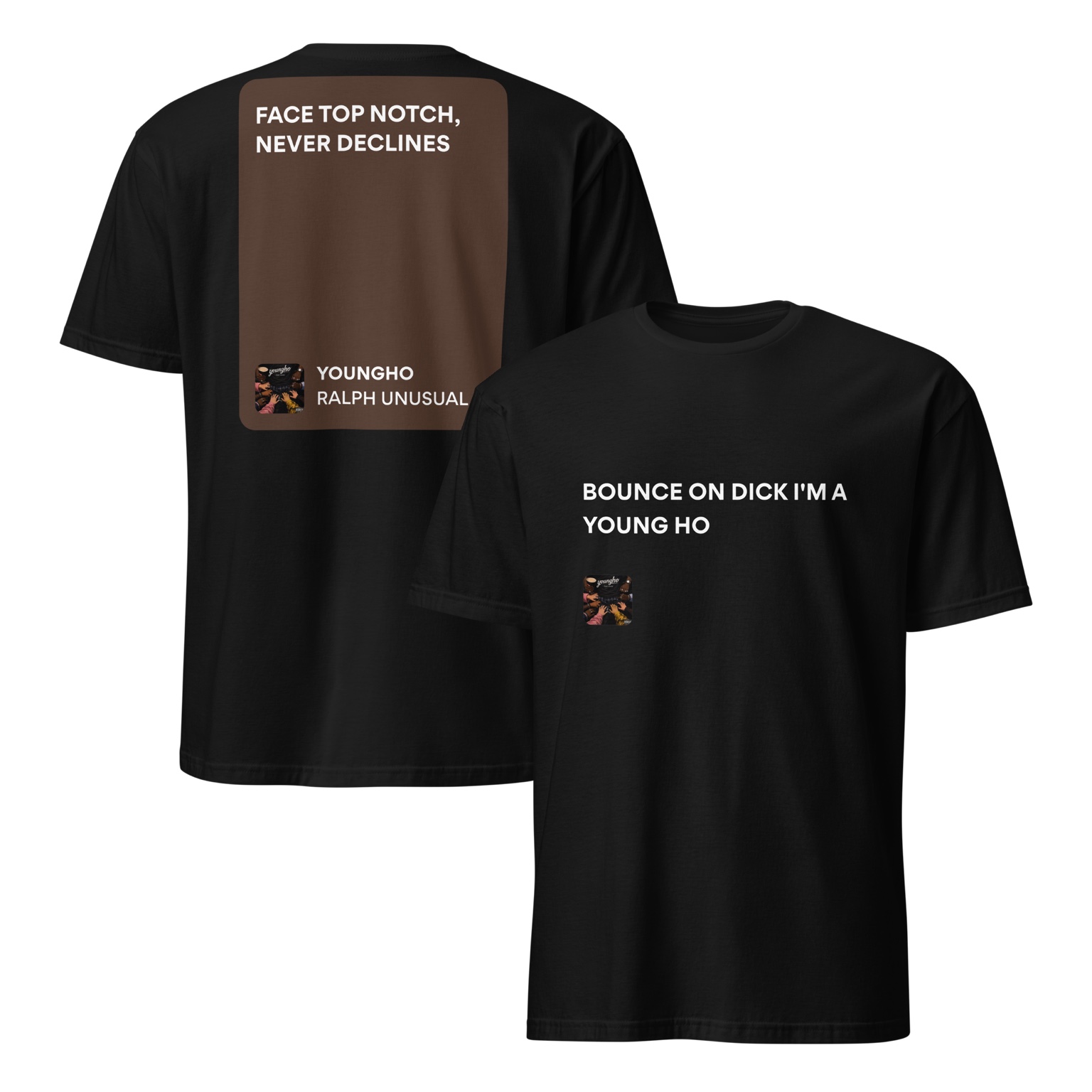 Black YOUNGHO Ralph Unusual T-shirt, front and back