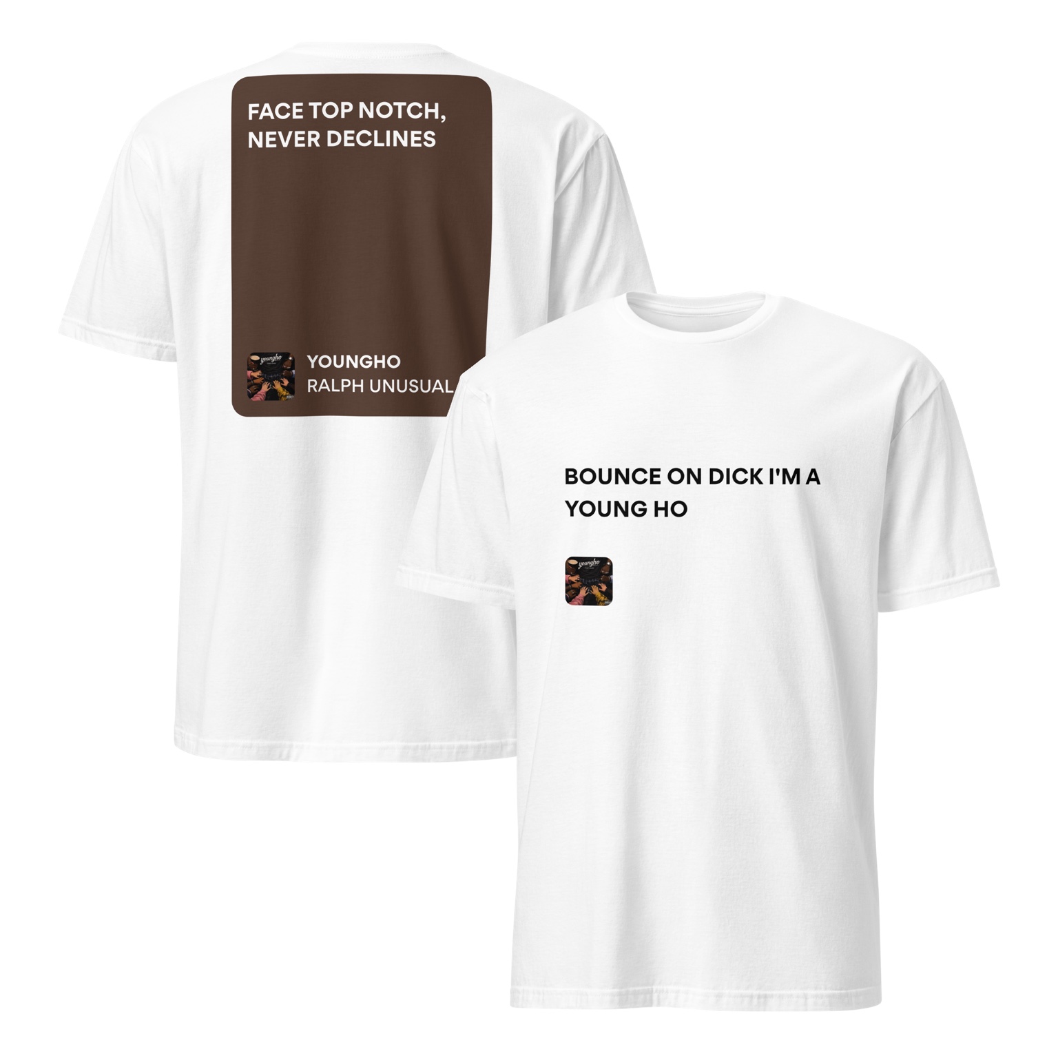 White YOUNGHO Ralph Unusual T-shirt, front and back